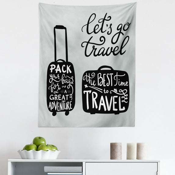 Adventure Tapestry, Packing the Bags and Traveling World Journey and Fun Themed Work of Art Print, Fabric Wall Hanging Decor for Bedroom Living Room Dorm, 5 Sizes, Black White, by Ambesonne