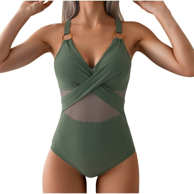 Daiosportswear Maillot de Bain une Pièce pour Femme, Maillots de Bain Enveloppants à Contrôle du Ventre, Maillot de Bain Modeste Froncé à Col en V en Maille, Maillot de Bain pour Femme Vert Armée m
