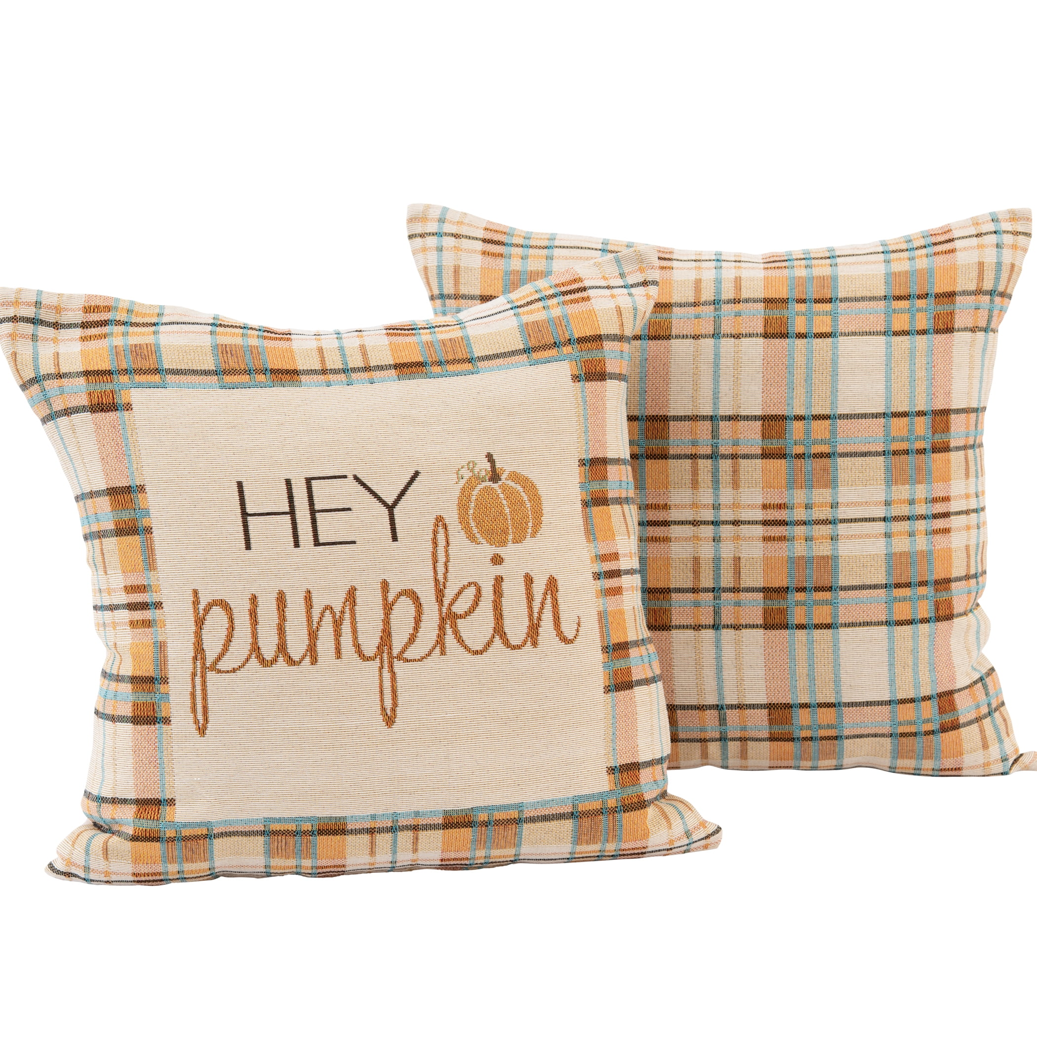 Mainstays Hey Pumpkin Plaid Decorative Throw Pillow Set, 17” x 17”, 2