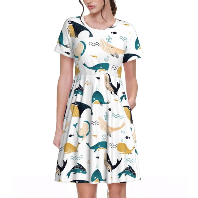 Disketp Cute Whale para Vestido de Manga Corta para Mujeres, Vestidos de Verano para Mujeres, Casual y Holgado para la Playa