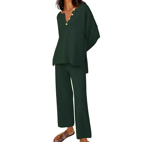 ShomPort Womens Knit Pajama Sets Long Sleeve Sleepwear and Wide Leg Long Pants Soft Pjs Loungewear with Pockets