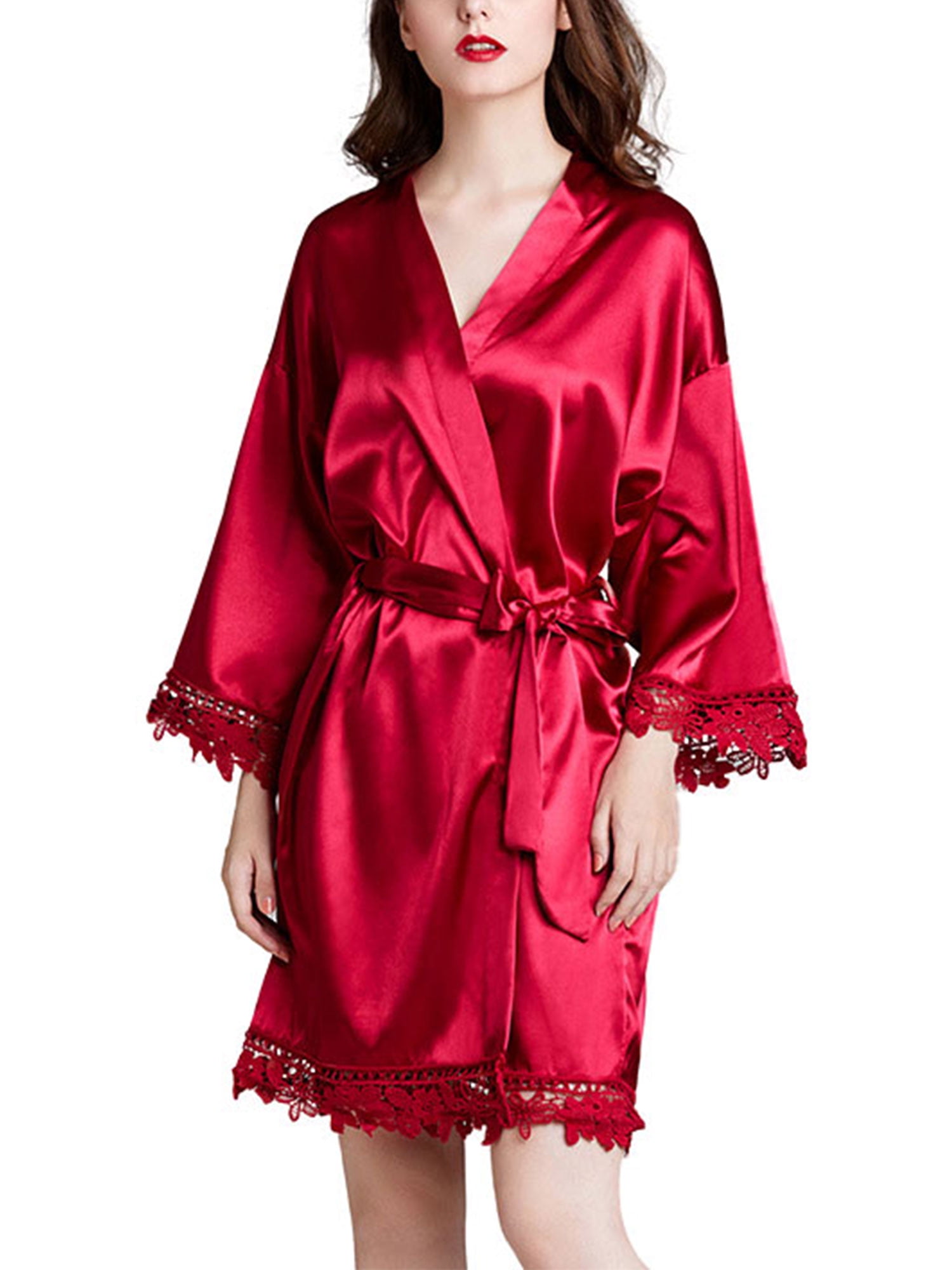 Women Satin Lace Silk Night Robe Fur Party Wedding Sleepwear Nightgown Custom
