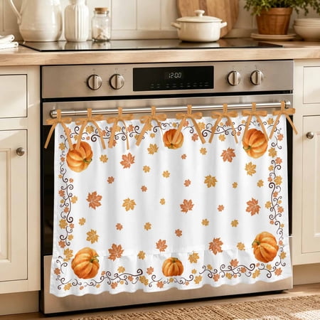 Oven Skirt Curtain for Kitchen 24x32 Inch Fall Pumpkin Oven Curtain with 8 Ribbon Ties & Ruffle Trim Stove Skirt Curtain Dishwasher for Cabinets Over Sinks Orange Thanksgiving Autumn Maple Leaf