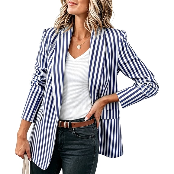 VSSSJ Blazers for Women Business Striped Open Front Suit Jacket Long Sleeve Lapel Casual Lightweight Work Office Blazer with Pockets Navy S