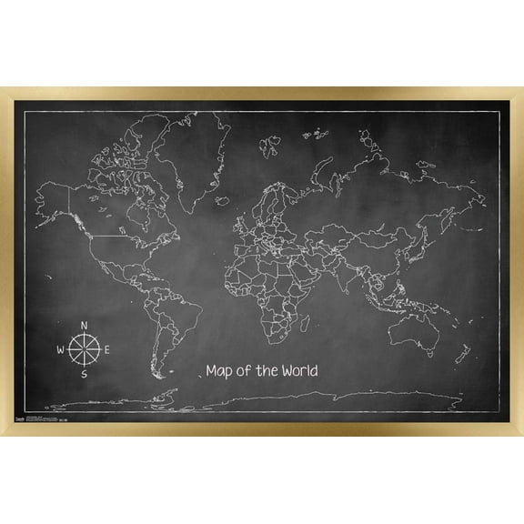 Chalk Map - World Wall Poster, 14.725" x 22.375", Framed