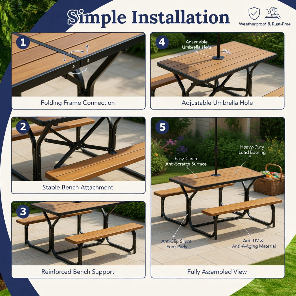 Hommoo HDPE Outdoor Picnic Table and Bench Set with Powder-Coated Steel Frame, Weather-Resistant, Easy-Assembly Backyard Dining Set, Coffee