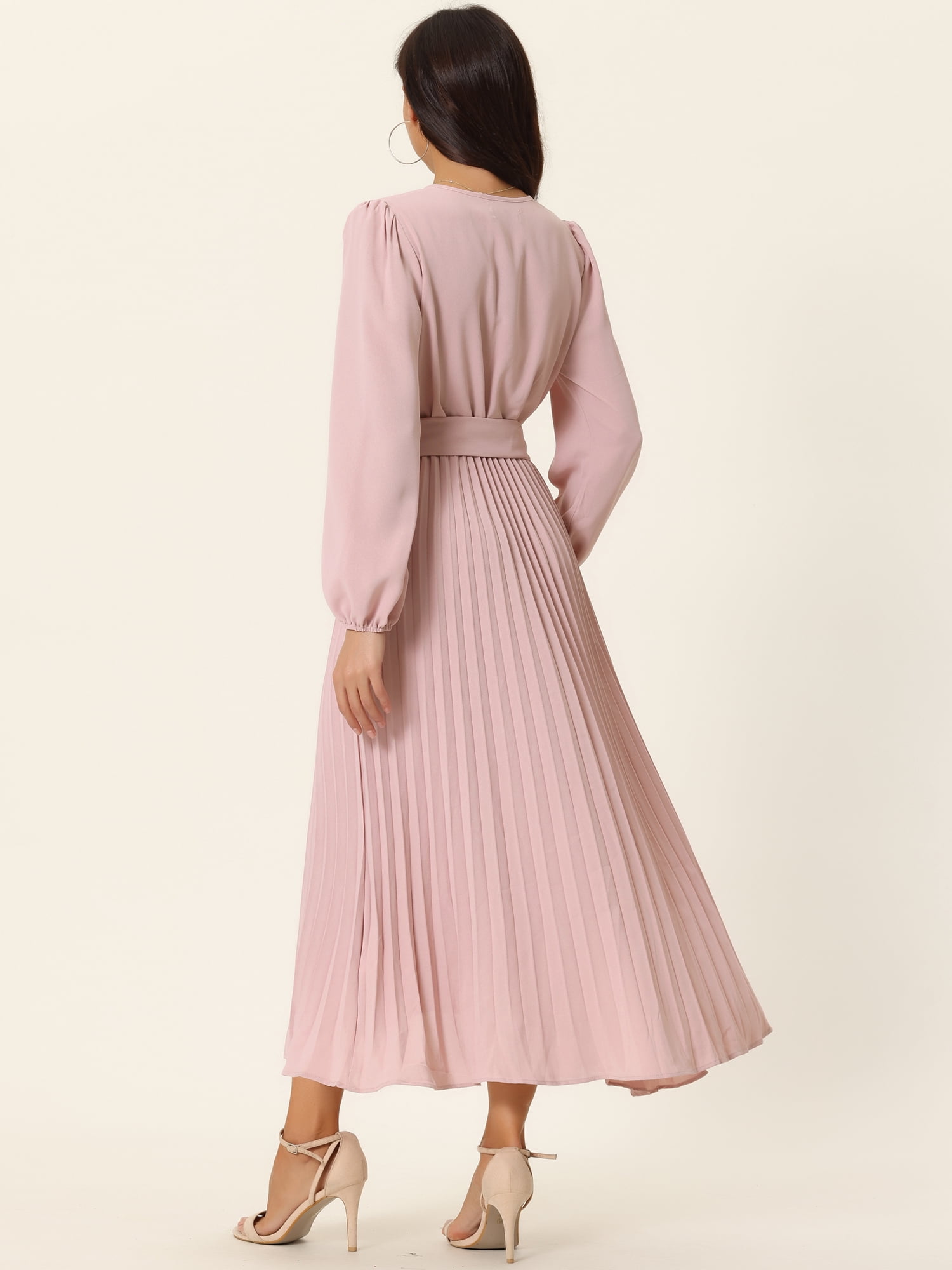 Unique Bargains Women's Long Puff Sleeve Flowy Ruffle Pleated Dress with Belt M Dusty Pink
