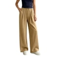 thumbnail image 3 of Pants for Women Zaewscy Women's Fashion Solid Color Elastic Waist Pocket Ruched Straight Leg Long Pants Khaki L, 3 of 7