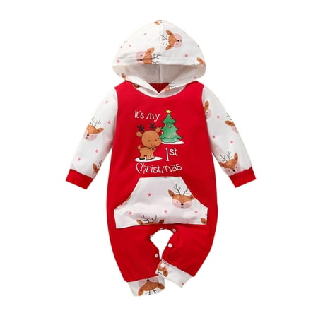 

Unisex Baby Christmas Printed Romper Long Sleeve Hooded Jumpsuit