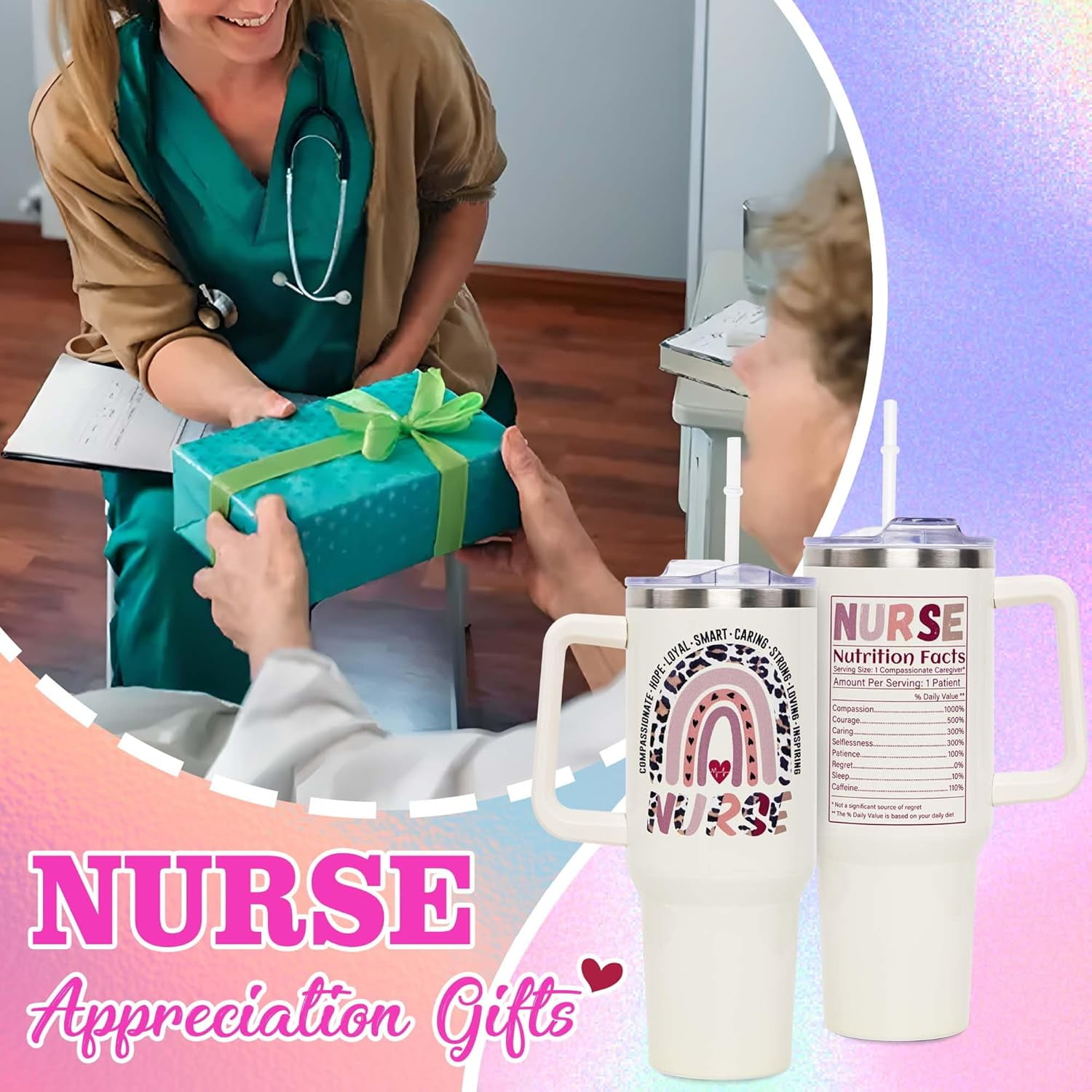 Nurse Gifts - Nurse Tumbler - Nurse Nutritional Facts Travel Coffee Mug Gift - 40oz Tumblers Nurse Gifts for Birthday, Christmas, Appreciation Week, Nursing School Graduation for Nurses