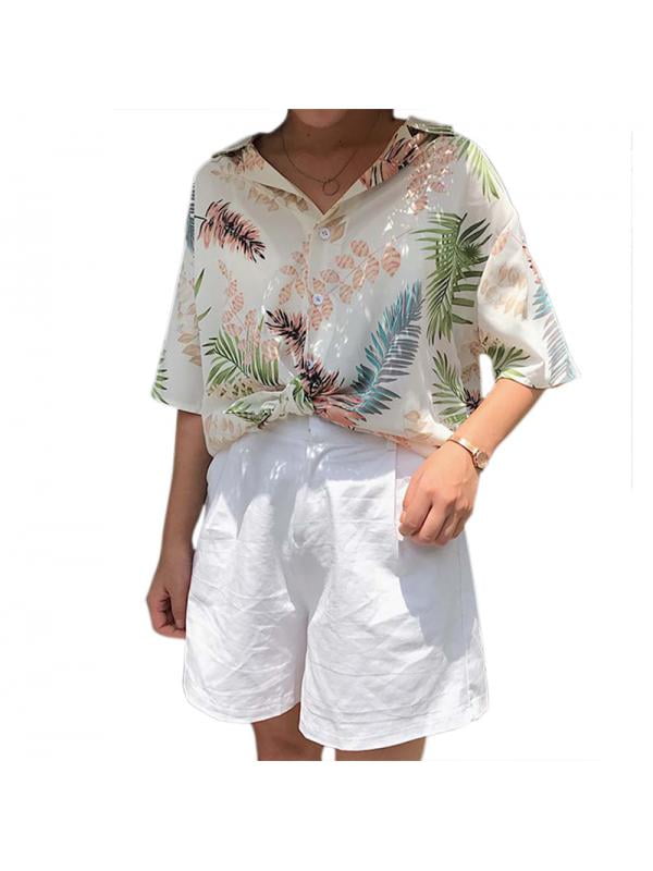 Boho Hawaiian Shirt Chiffon Palm Print 