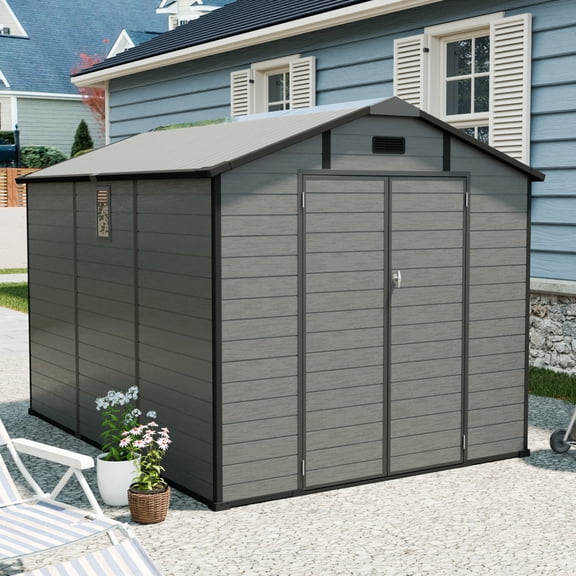 7x10FT Outdoor Storage Shed with Floor, Resin Garden Tool Shed with Windows and Lockable Doors, Updated Bike Shed with Slooping Roof and Air Vents, Dark Gray