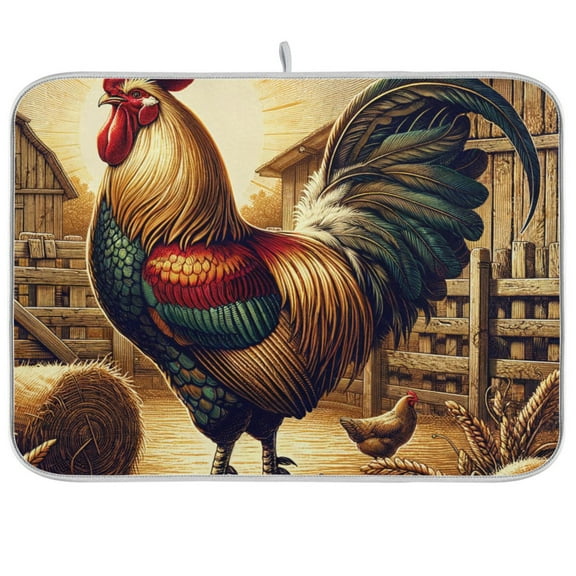 Vintage Rooster Dish Drying Mat Dish Drainer Rack Mats Water Absorbent Non-Slip Easy Clean Heat Resistant for Kitchen Counter