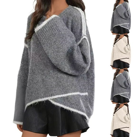 Karight Sweaters for Women Long Sleeve Shirts Round Neck Ribbed Knit Oversized Pullover Sweater High Low Hem Clothing