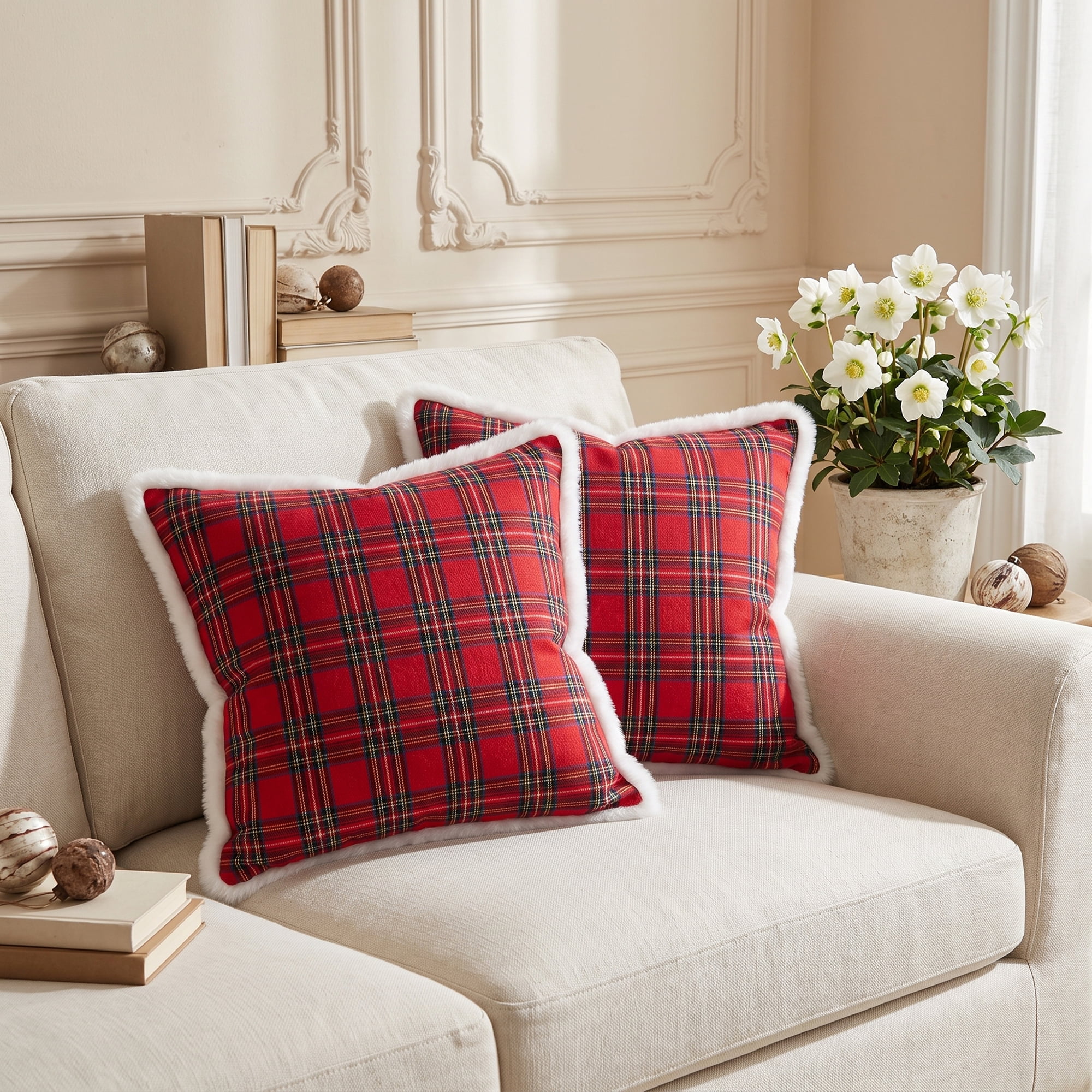 Unique Bargains Plaid Throw Pillow Covers Tartan Cushion Cases Red Plaid Fur Trim 18"x18"