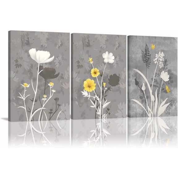 Yellow Flower Wall Art 3 piece Wood Painting Yellow and Grey Flower Posters Decor for Bathroom Bedroom Office Home Modern Abstract Flowers Canvas Wall Art Pictures Framed Ready to Hang 12"x16"x3
