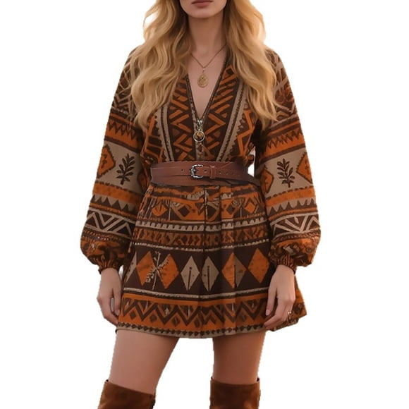Bohemian Mini Dress for Women with V-Neck and Puff Sleeves, Tribal Print, Belted Waist, Flowy Fabric for Party or Casual Wear