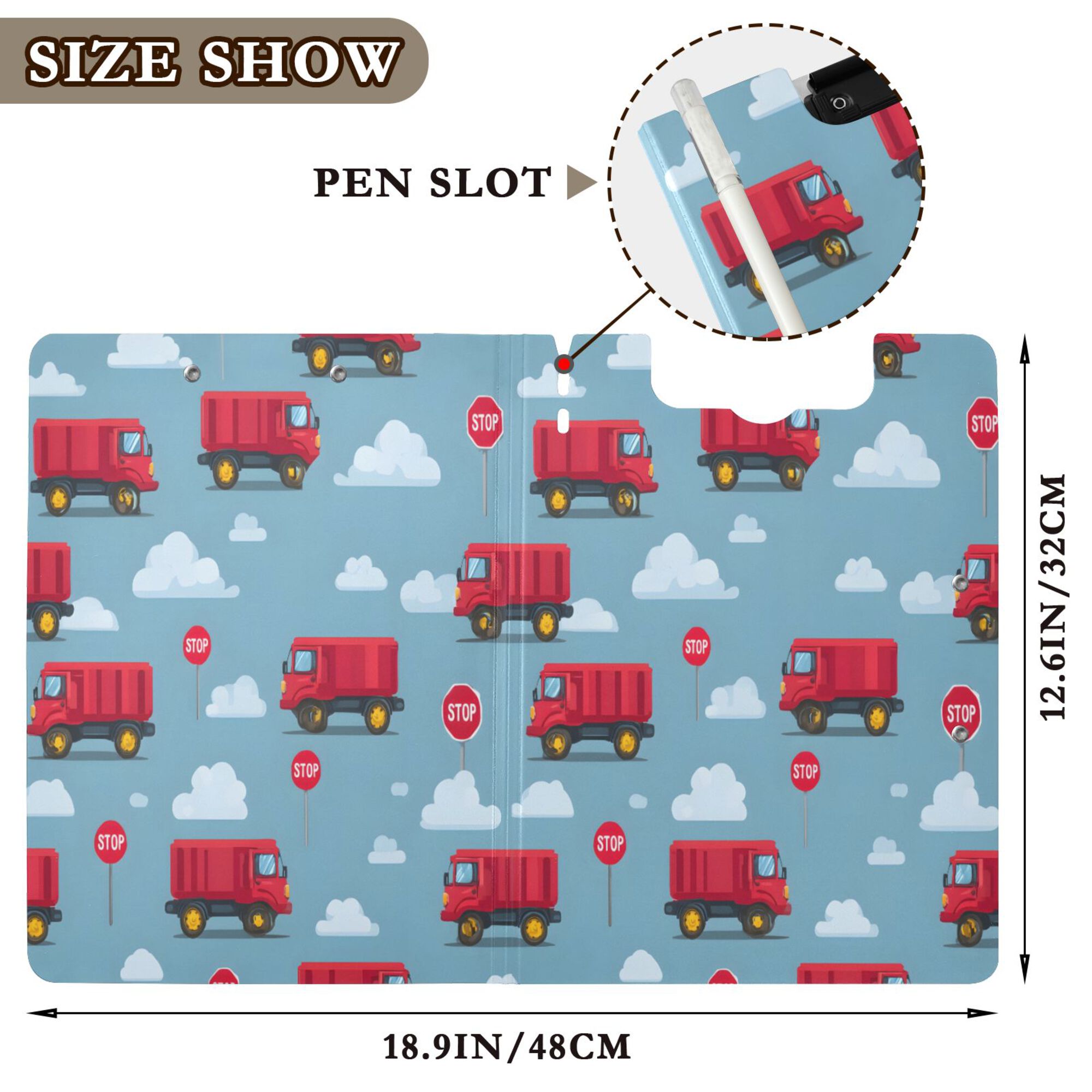 FORMRS A4 Clipboard Folder with Pen Holder Horizontal Foldable School Office Binder, Blue Truck Pattern