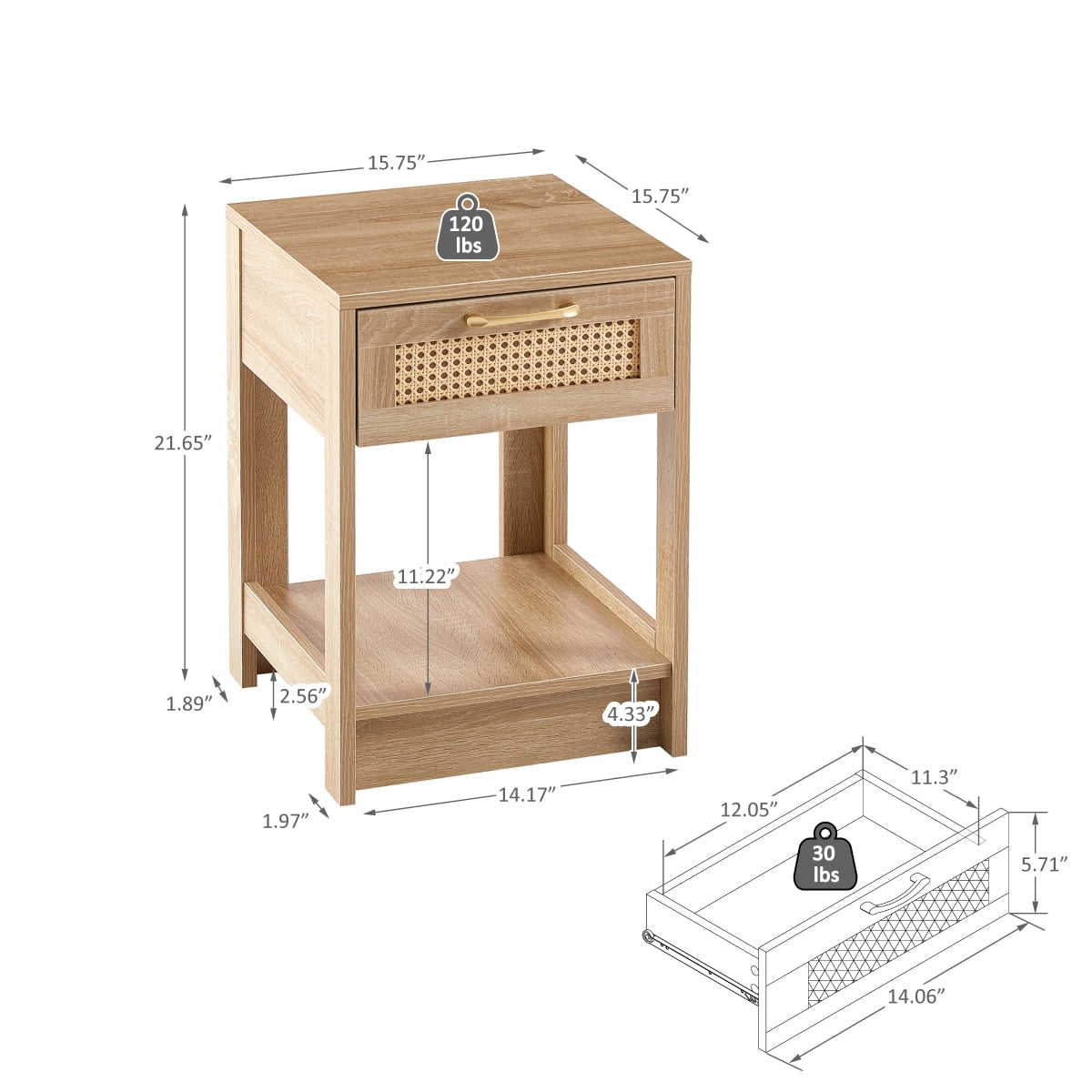 15.75" Rattan End Table with Drawer   Modern Nightstand Side Table for Living Room Bedroom  Natural