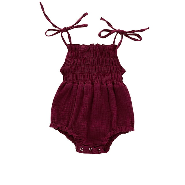 tarylea Toddler Girls Clothes Adjustable Spaghetti Strap Stretch Ruffled Romper Solid Color Button Jumpsuit Casual Comfy Summer Breathable Romper for 0-18 Months