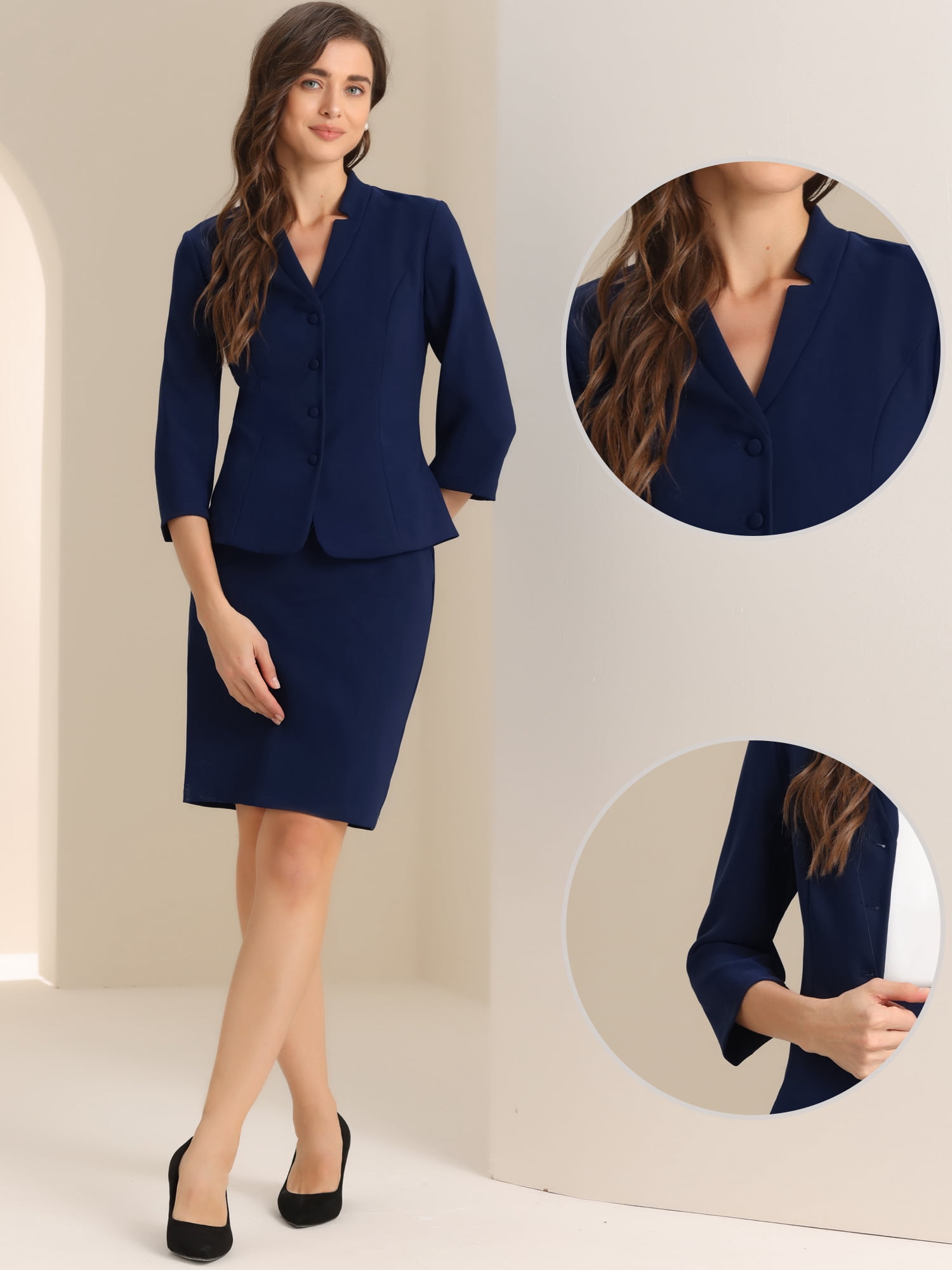 DARING DIVA 2Pcs Women's Notched Collar Business Pencil Skirt Suit Set L Dark Blue