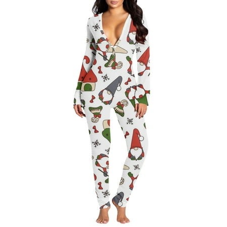 

Jumpsuits For Women Sexy Butt Button Back Jumpsuit V Neck Long Sleeve Romper Pajamas Christmas Print Ladies Pajama