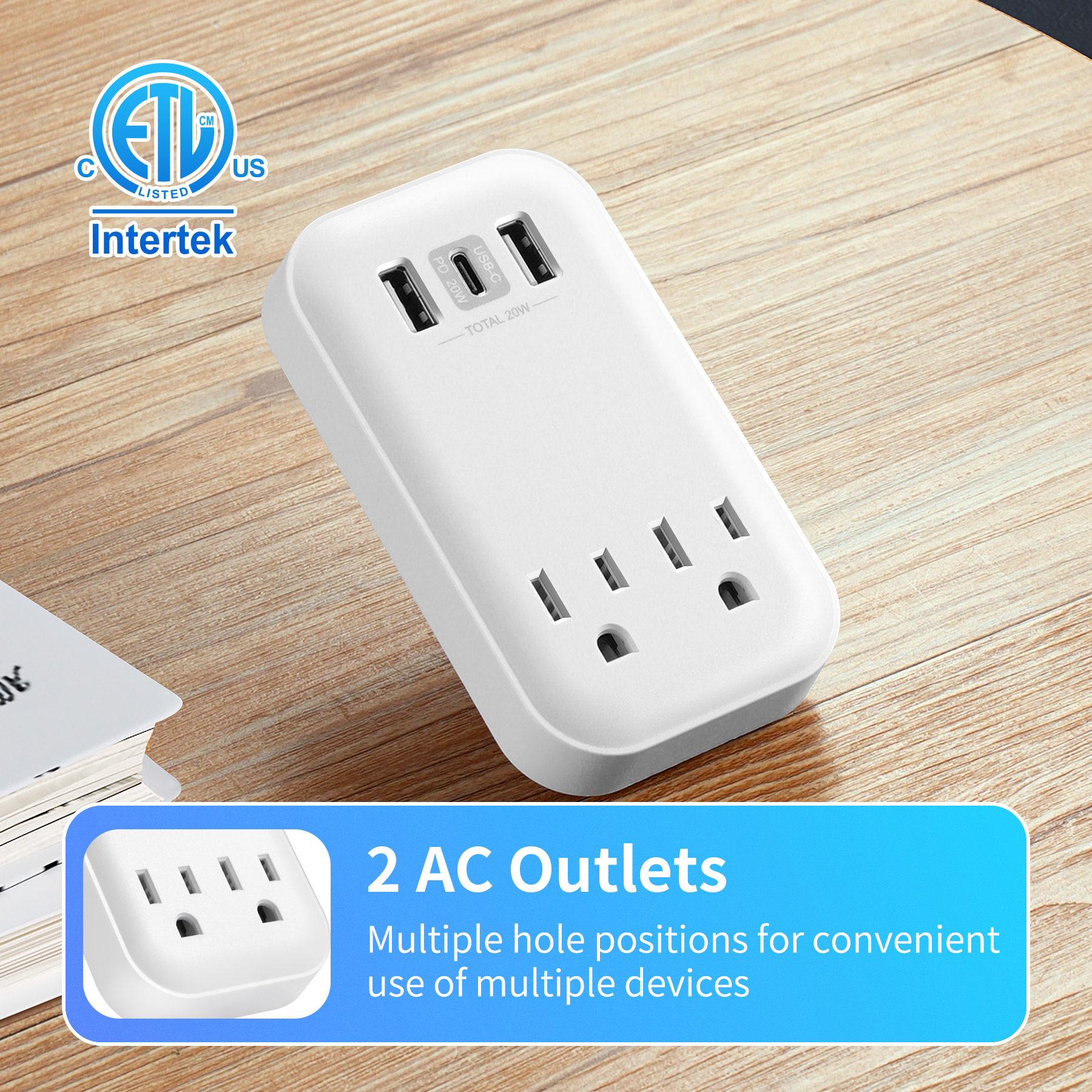 Hyper Tough USB Outlet Extender, 900J Surge Protector, 2 Outlet Splitter with USB-A & USB-C, White