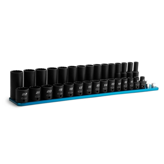Capri Tools 3/8 in. Drive Shallow and Deep Impact Socket Set, 12-Point, Metric, 8 to 22 mm, 30-Piece with Blue Billet Aluminum Socket Rail