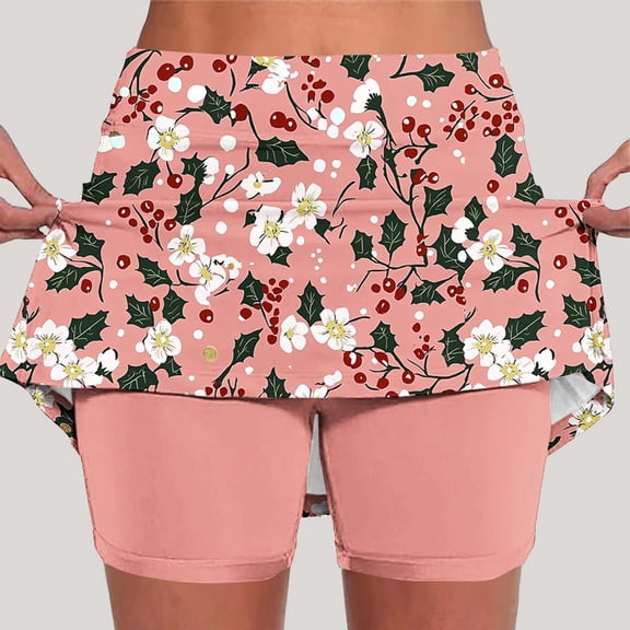 DailyTrove Women Pink Cherry Print Skort Casual Cute Summer Skirt with Built-in Shorts