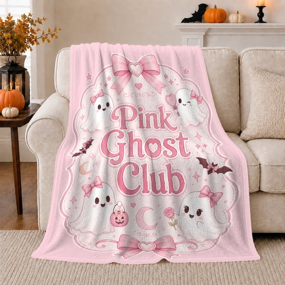 Pink And White Cute Ghost Club Quote With, Cute Pastel Graphic Style for Cute Decor Enthusiasts, Housewarming Gift with Cozy Flannel Blanket, Home Decor for Bedroom And Playroom And Family Room