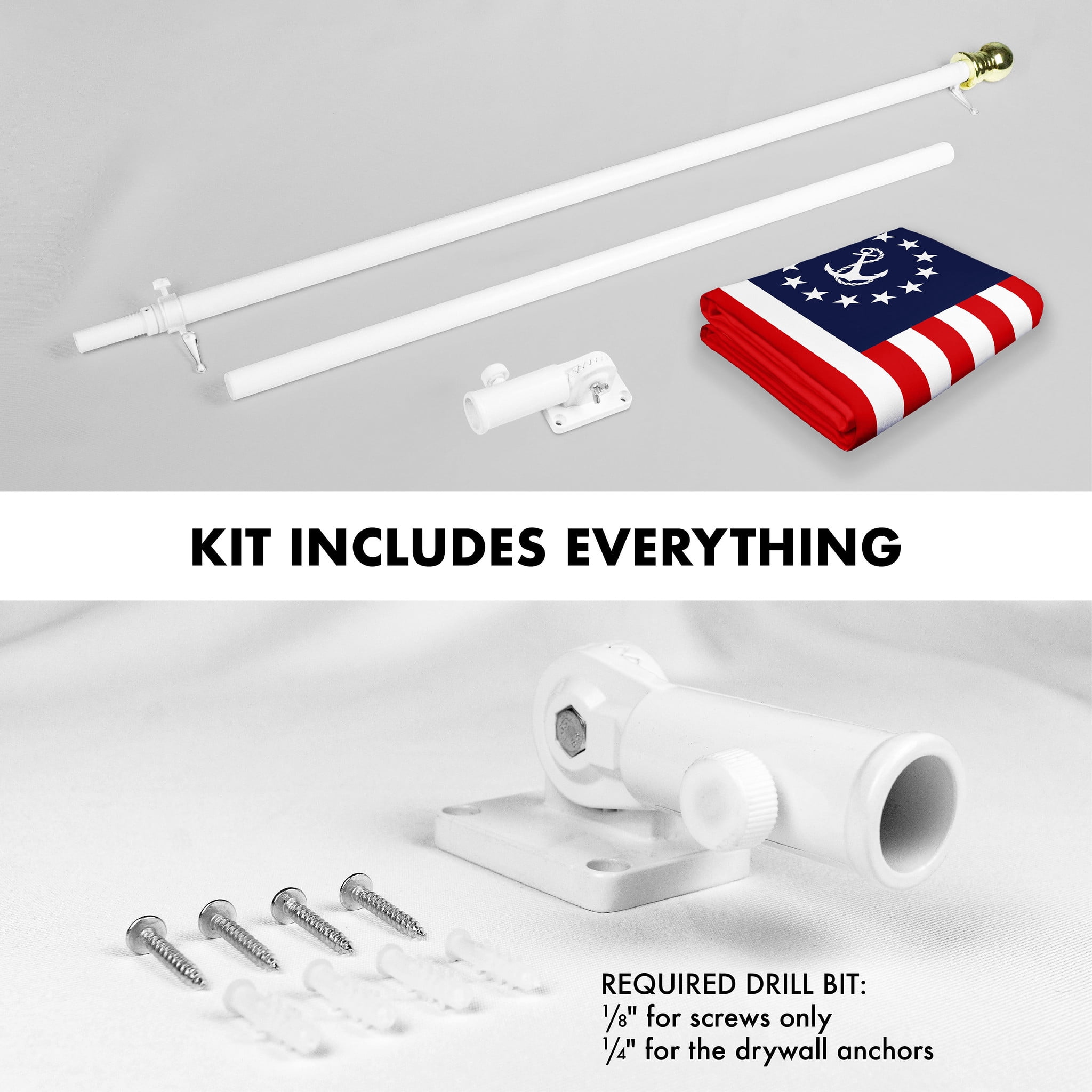 G128 Combo Pack: 6 Ft Tangle Free Aluminum Spinning Flagpole (White) & American USA Yacht Ensign Flag 3x5 Ft, LiteWeave Pro Series Printed 150D Polyester | Pole with Flag Included