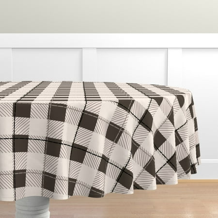 

Cotton Sateen Tablecloth 90 Round - Neutral Cottagecore Check Plaid Coffee Brown Checks Print Custom Table Linens by Spoonflower