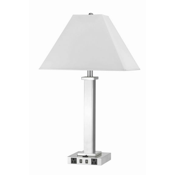 Trapezoid Shade Table Lamp with Metal Base and 2 USB Ports,White and Chrome- Saltoro Sherpi