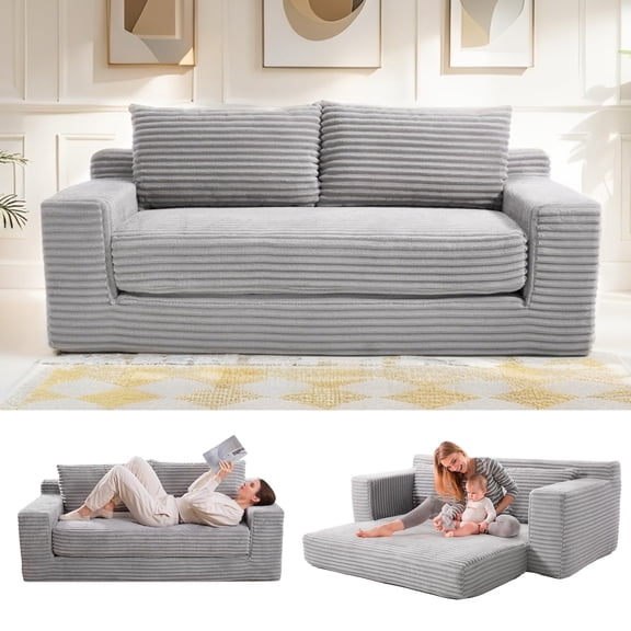 LUCKHAO 78" Convertible Loveseat Sofa Bed, Corduroy Fabric, Memory Foam, No Assembly, Compact Couch for Adults, Grey