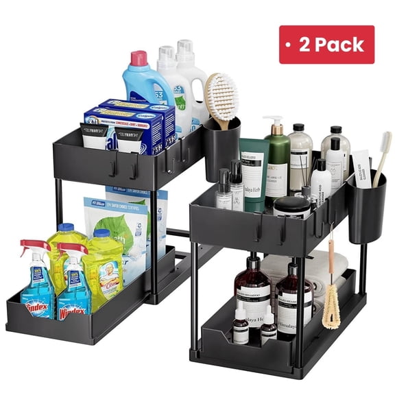RAISTYW 2 Pack Under Sink Organizer and Storage, 2-Tier Under Kitchen Sink Organizer, Pull Out Cabinet Organizer Waterproof Storage Rack with Sliding Drawer for Kitchen and Bathroom, Black
