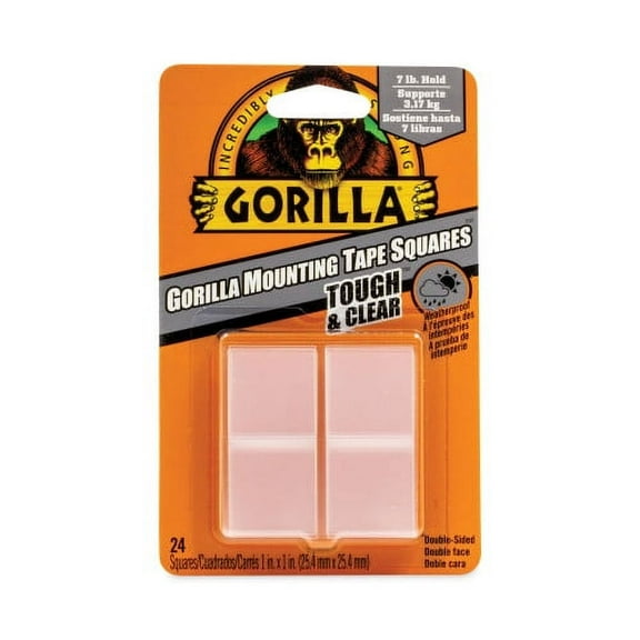 Gorilla Glue-1PK Tough and Clear Double-Sided Mounting Tape, Holds Up to 0.58 lb per Pair (Up to 7 lb per 24), 1" x 1", Clear, 24/Pack