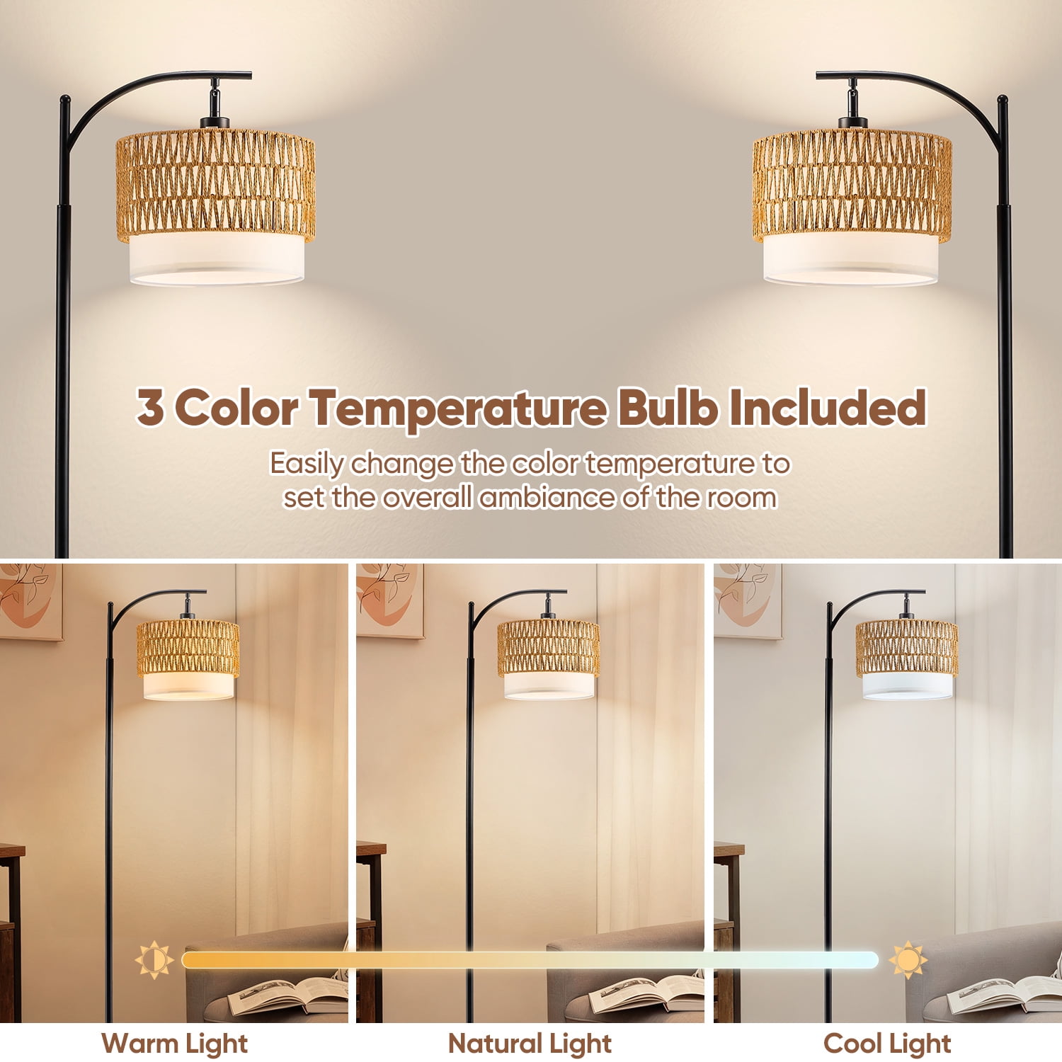 Vesteel Floor Lamp for Living Room, Rattan Standing Lamp with Adjustable Rattan & Fabric Shades, 3 Color Temperatures Boho Farmhouse Floor Lamp for Bedroom