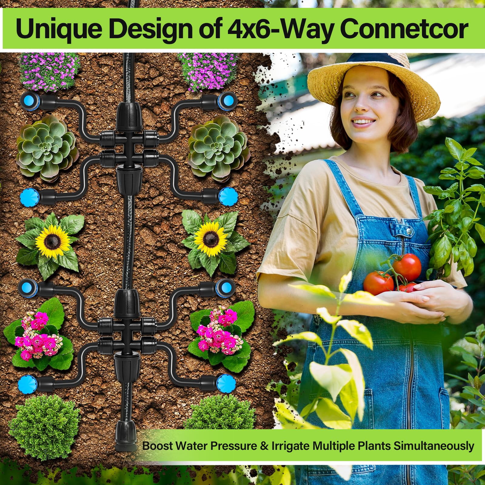 Drip Irrigation System 230FT/247FT – Quick Connect Garden Watering Kit with Adjustable Drip Emitters, 1/4” & 5/16” Tubing for Raised Beds Greenhouse Lawn Automatic Timer Compatible