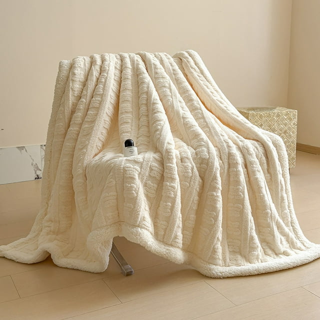 Flannel Fleece Throw Blanket, Warm & Soft Striped Design, Cozy Microfiber Ribbed Texture, Polyester Fabric, All-Season Couch & Bed Decor, White, JKODE
