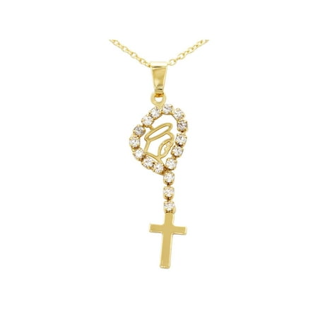 18k Gold Plated Clear Crystal Virgin Mary Cross Pendant Necklace for Kids 16"
