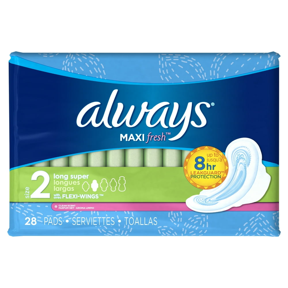 Always Maxi Fresh Size 2 Long Super Pads wing Wings, Scented, 28 Count