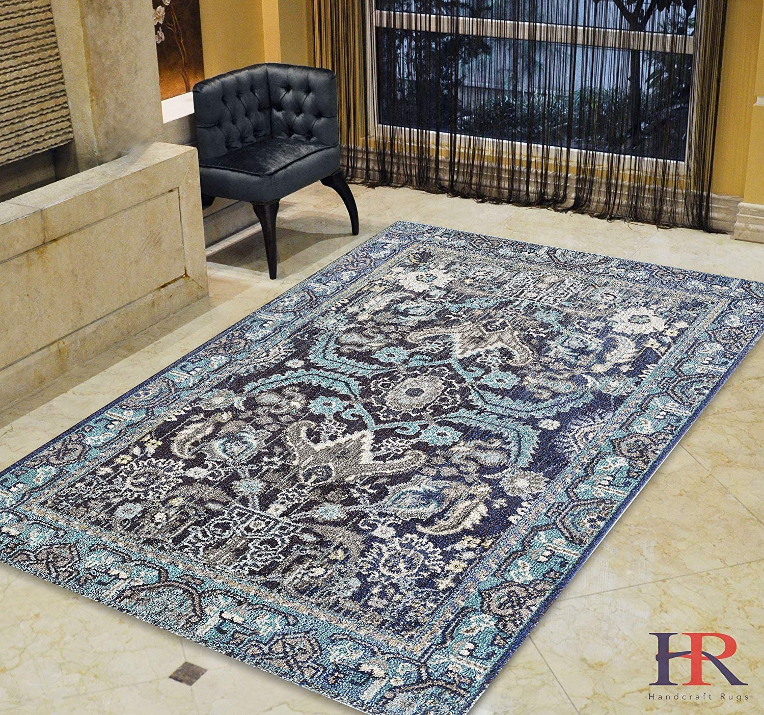 Faded Distressed Kashan Vintage Persian Area Rug/Navy Blue/Multi