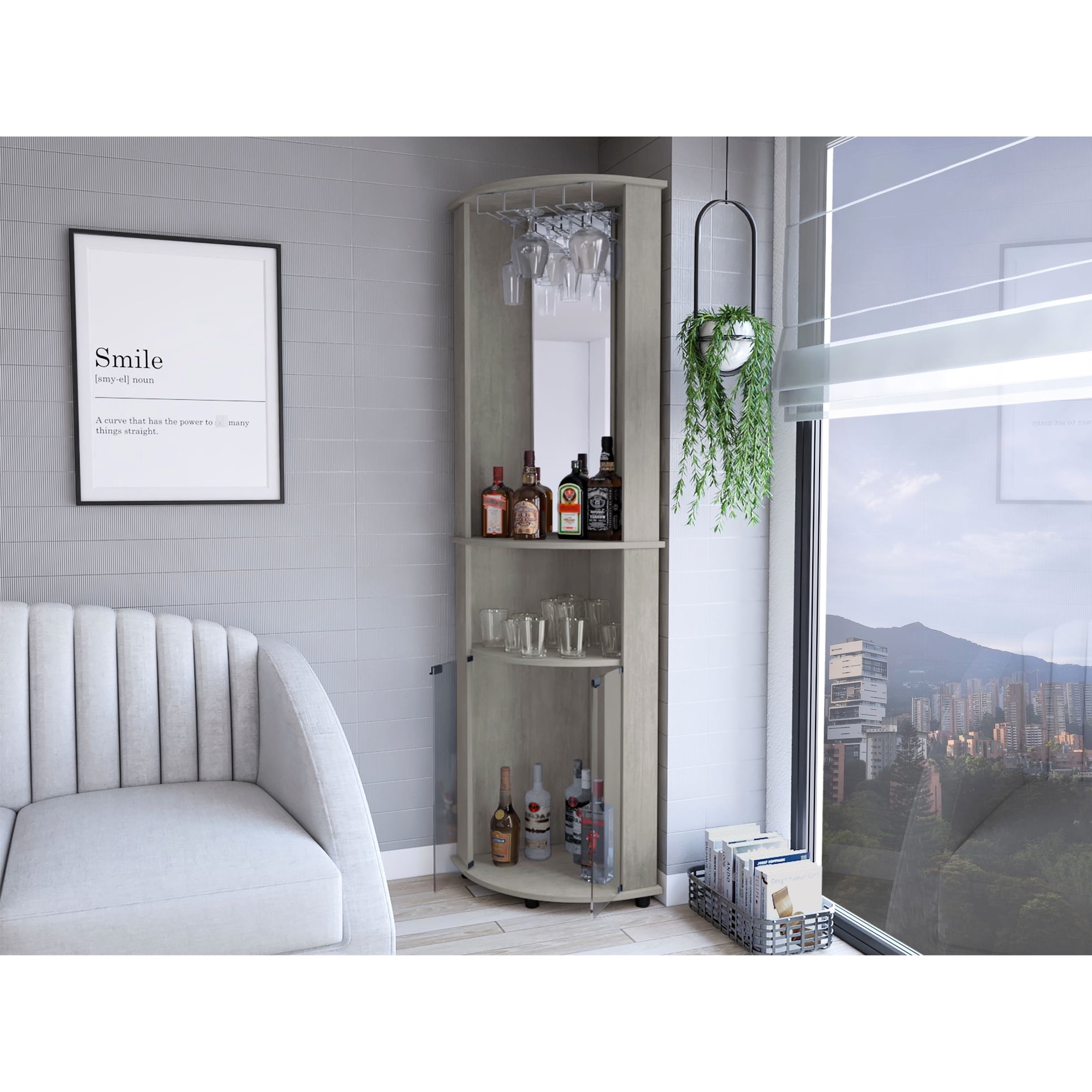 Living Room Corner Bar Cabinet In Concrete Gray, 3 Shelf Space Saving Advantage, Assembly Required Space Shelves, Needed