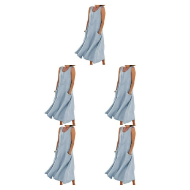 pitrice Femmes Été Coton Lin Robe Sans Manches Col Rond Boho Style Vintage Plage Couleur Unie Kaftan Porter Tous les Jours Bleu Ciel / M 5Set