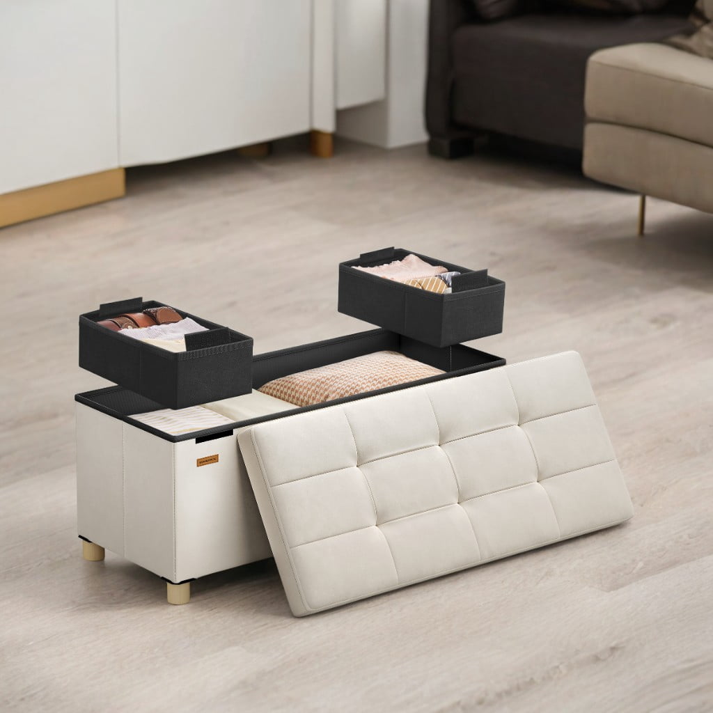 SONGMICS 30" Storage Ottoman Bench, Ottoman with Storage, 29 Gal Foot Rest Stool for Bedroom Living Room, Cappuccino Beige