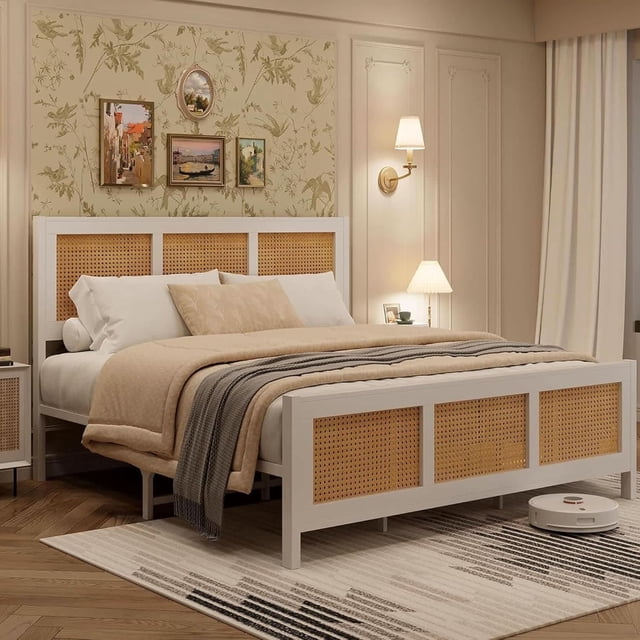 King size bohemian rattan platform marco de cama: metal slats support, no box spring, noise-free, con estilizado para cabecero