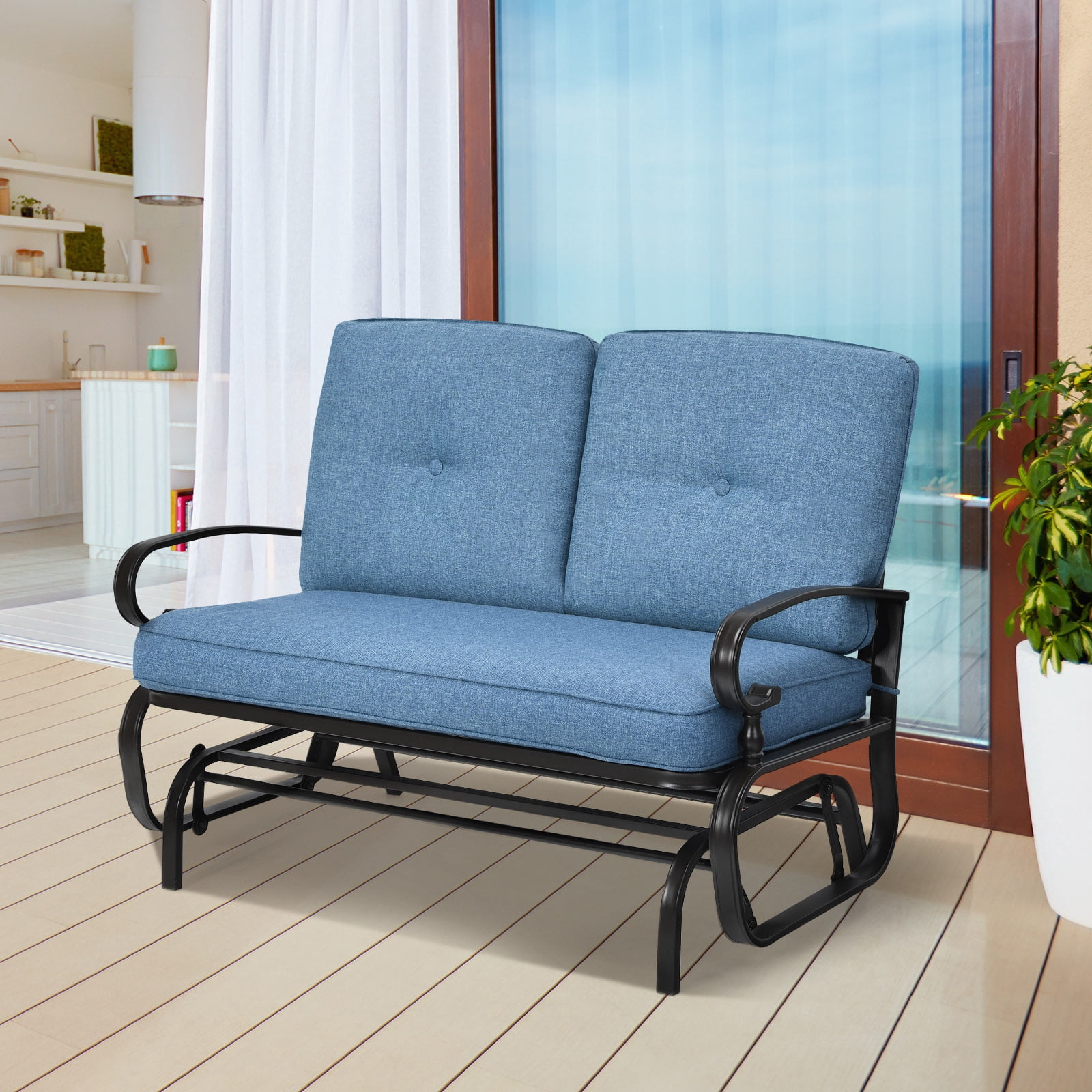 Topbuy 2-Person Outdoor Bench Patio Swing Glider Chair with Cushions Rocking Chair Cushioned Sofa Blue