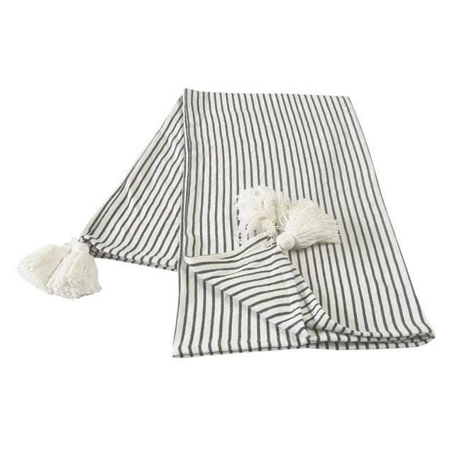 LR Resources THROW80178BWT4250 Couverture à Pompon Rayé&44; Noir & Ivoire - Rectangle