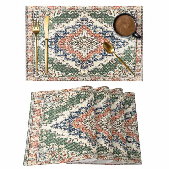 Orange Green Boho Placemats Set of 12, Medieval Vintage Ethnic Floral Abstract Placemats for Dining Table, Place Mats for Kitchen Tabletop, Waterproof Wipeable Dining Table Mats Set