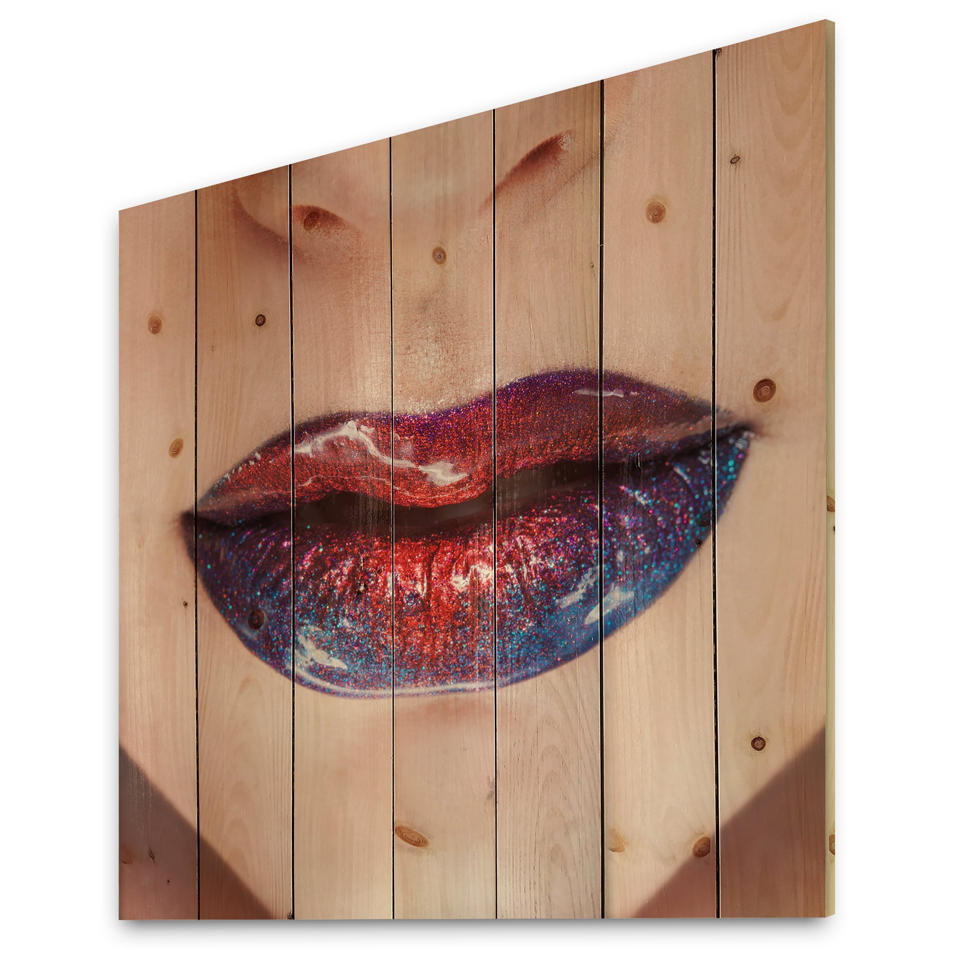Designart 'Beautiful Women Lips With Red and Blue Lipstick' Modern Print on Natural Pine Wood